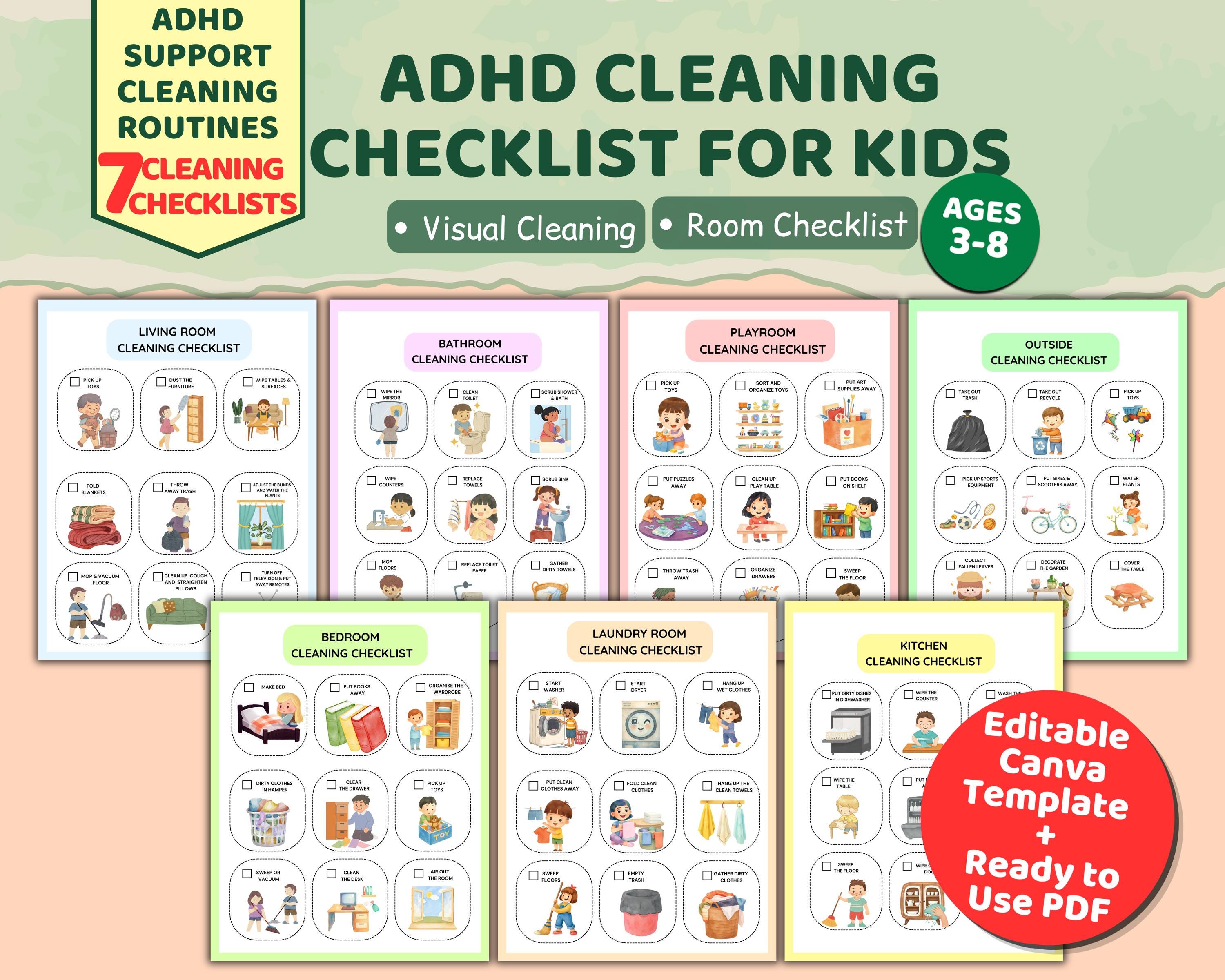 ADHD Cleaning Checklist for Kids Printable, 7 Room Checklist, Visual ...