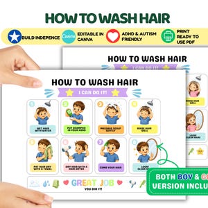 May include: A printable instructional chart titled HOW TO WASH HAIR with eight numbered steps featuring cartoon illustrations of a child performing tasks like wetting hair, applying shampoo, rinsing, drying with a towel, using a hair dryer, and combing hair.