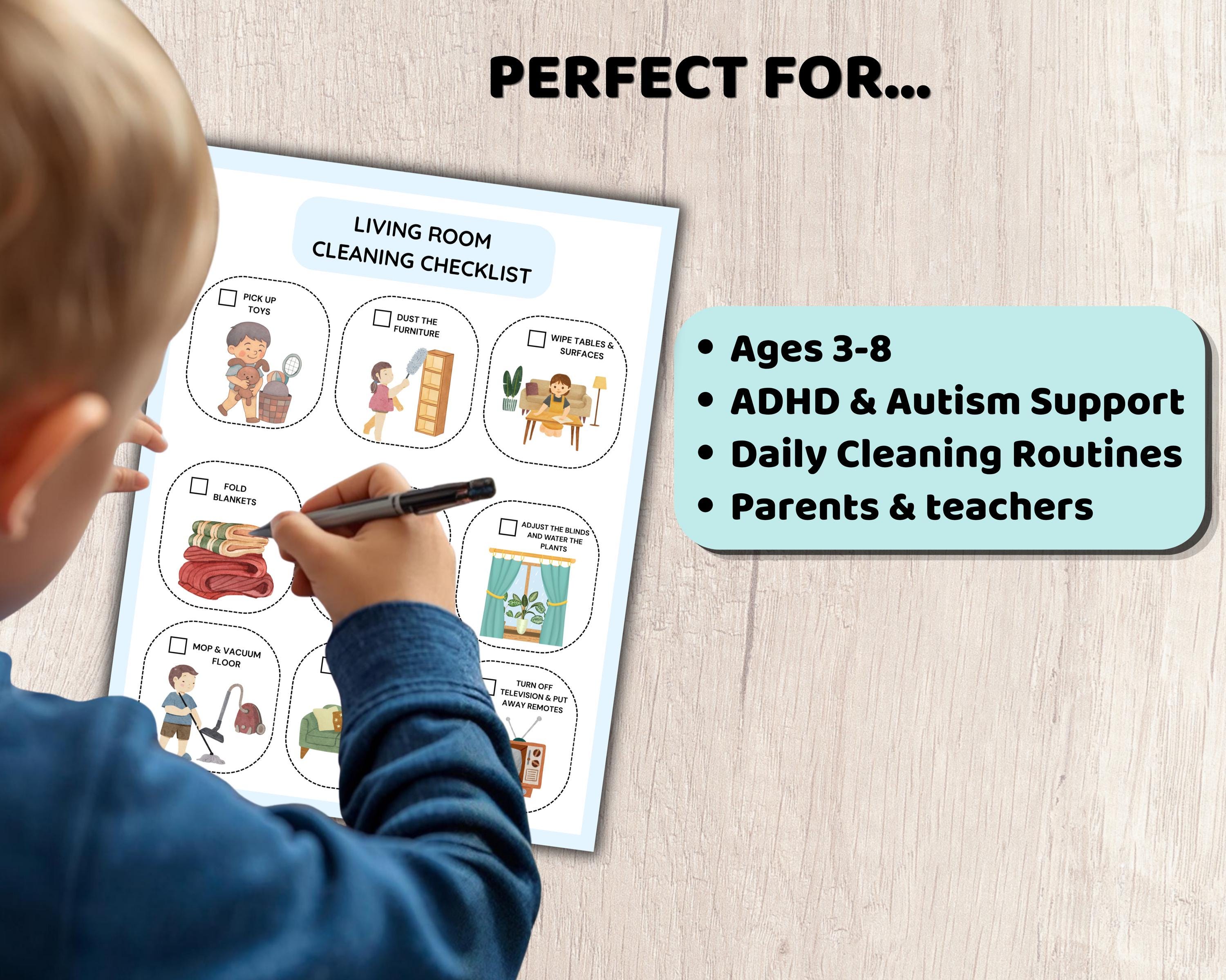 ADHD Cleaning Checklist for Kids Printable, 7 Room Checklist, Visual ...