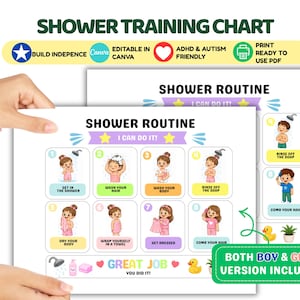 May include: A shower training chart featuring a step-by-step routine with numbered illustrations of a child performing tasks like washing hair and getting dressed. The chart includes the text SHOWER ROUTINE, I CAN DO IT, and GREAT JOB.