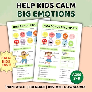 Può includere: Due fogli di lavoro stampabili intitolati "Come ti senti oggi?" con illustrazioni colorate di emozioni. I fogli di lavoro includono suggerimenti per i bambini per identificare i propri sentimenti, dove li sentono nel corpo e come calmarsi.