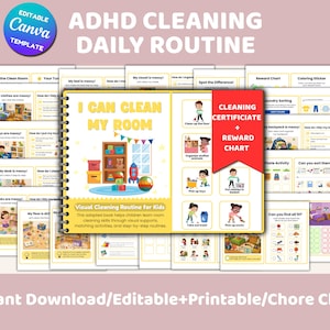 Pacchetto di pianificazione delle pulizie per bambini con ADHD e agenda per bambini con ADHD: tabelle delle faccende domestiche modificabili, programma di riordino, quaderno di lavoro stampabile per bambini