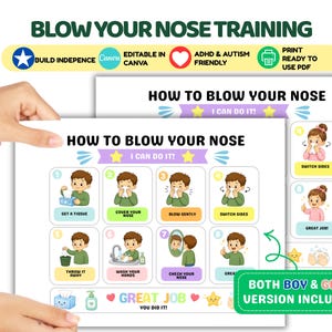 Può includere: Una tabella educativa stampabile intitolata How to Blow Your Nose che presenta passaggi numerati con illustrazioni di un bambino che dimostra il processo. Il documento include etichette di testo per ogni passaggio, una sezione Great Job e una nota che indica che sono incluse le versioni per bambino e bambina.