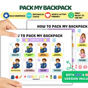 Puede incluir: Un cartel educativo imprimible titulado HOW TO PACK MY BACKPACK que muestra ocho pasos numerados con ilustraciones de dibujos animados de un niño empacando útiles escolares, incluyendo textos como CHECK YOUR SCHOOL LIST y GREAT JOB YOU DID IT.
