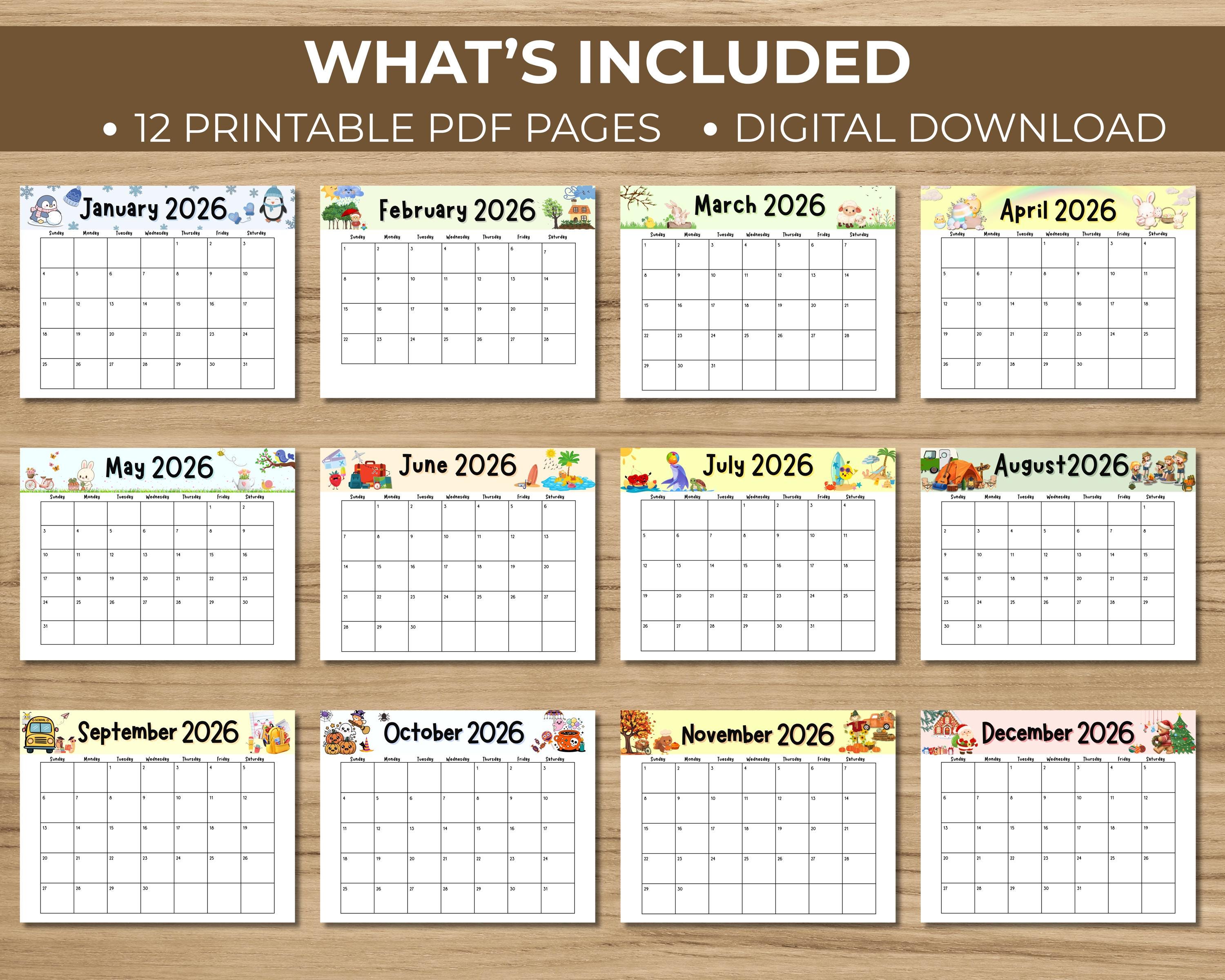 2026 Calendar Printable for Kids, Cute Monthly Homeschool Planner, Kids ...
