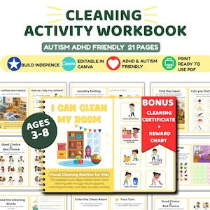 May include: A 21-page cleaning activity workbook for ages 3-8, featuring visual routines, sorting tasks, and matching games. The cover displays the title I CAN CLEAN MY ROOM with illustrations of toys and a shelf. Includes a bonus certificate and chart.