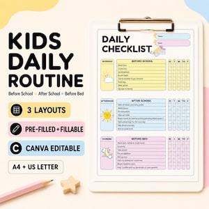 Puede incluir: Un portapapeles con una lista de verificación diaria para niños con secciones para rutinas de mañana, tarde y noche. El documento presenta colores pastel, casillas de verificación para los días de la semana y el texto Kids Daily Routine, 3 Layouts, Pre-filled + Fillable, Canva Editable, A4 + US Letter.