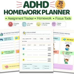 Planificador diario para TDAH en PDF imprimible, planificador de tareas para estudiantes, planificador de estudios escolares, planificador de funciones ejecutivas para TDAH