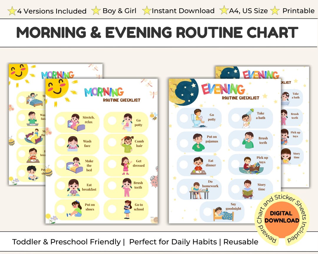 Morning & Evening Routine Chart for Kids – Printable Daily Checklist ...