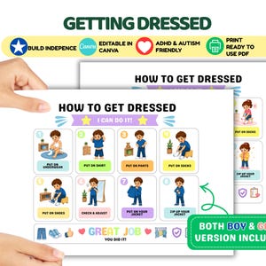 Può includere: Una guida visiva stampabile intitolata HOW TO GET DRESSED che presenta otto passaggi numerati con illustrazioni di un bambino che esegue compiti di vestizione. Il grafico include etichette di testo per ogni passaggio, una sezione etichettata GREAT JOB YOU DID IT e una nota che indica che sono incluse le versioni sia per bambino che per bambina. Il design utilizza icone colorate e testo chiaro.