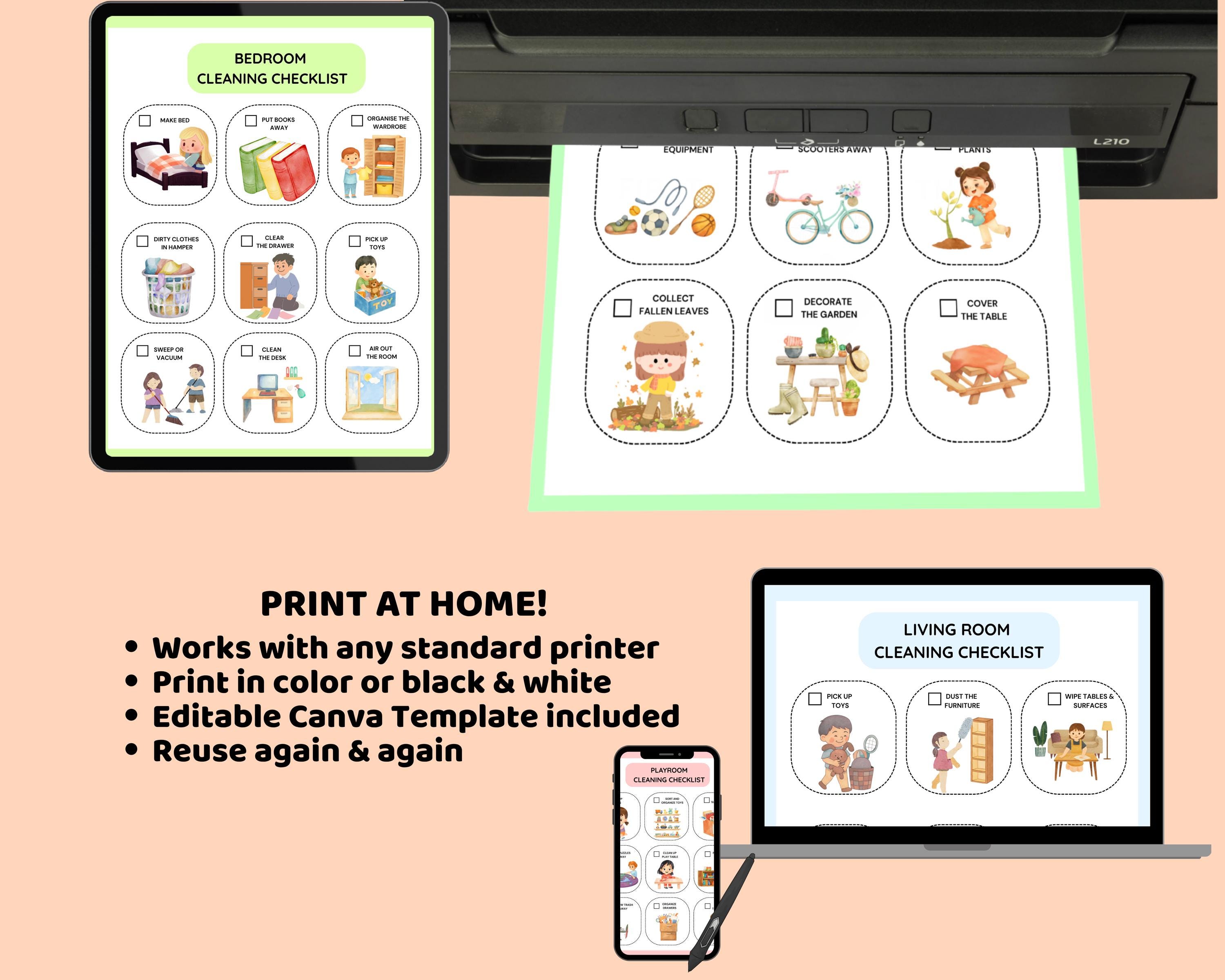 ADHD Cleaning Checklist for Kids Printable, 7 Room Checklist, Visual ...