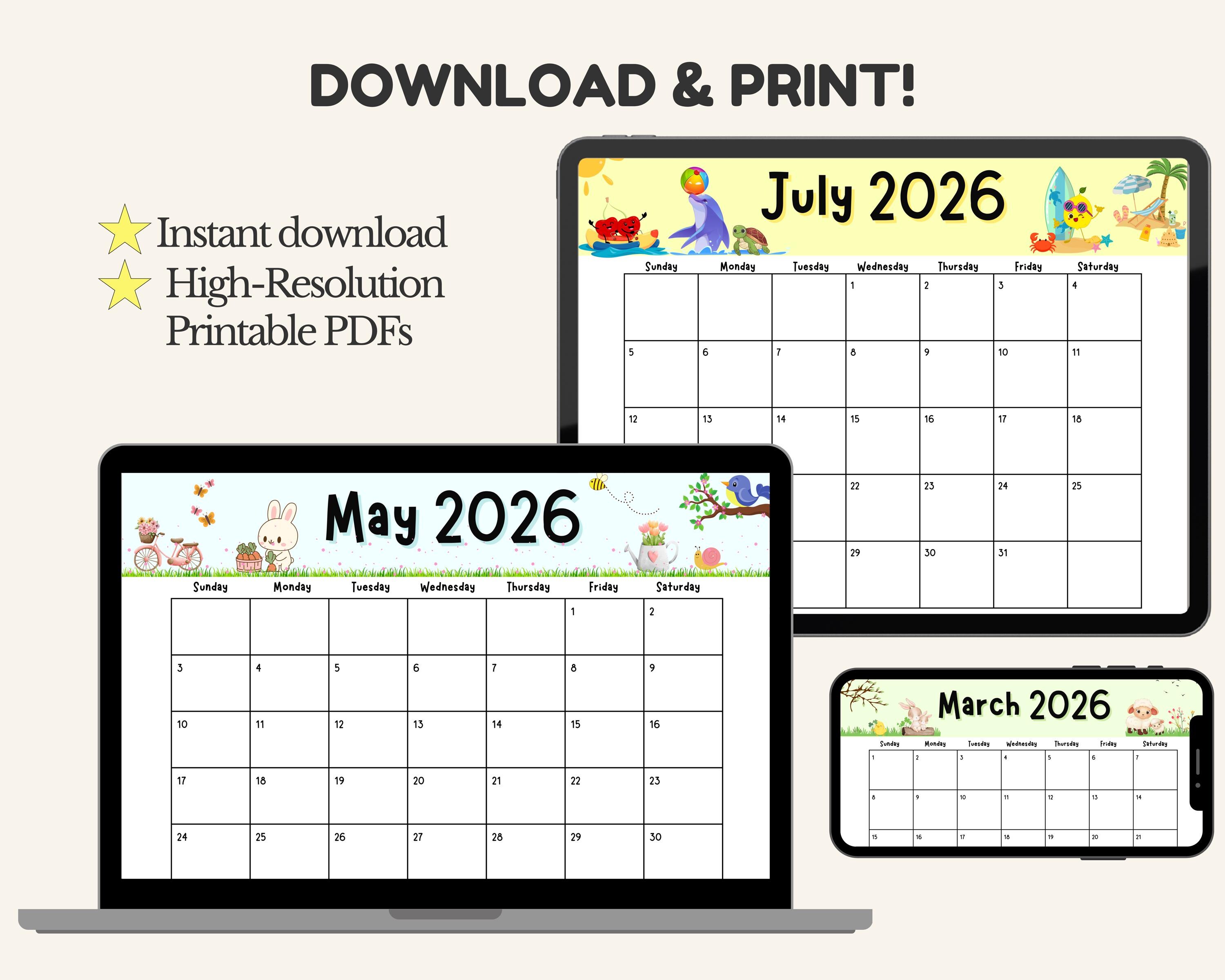 2026 Calendar Printable for Kids, Cute Monthly Homeschool Planner, Kids ...