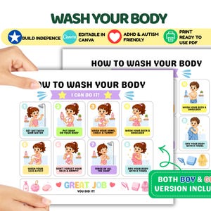May include: A printable educational chart titled HOW TO WASH YOUR BODY featuring eight numbered steps with cartoon illustrations of a child performing hygiene tasks. The document includes text labels for each step, a GREAT JOB section, and notes that it is editable in Canva and print-ready.