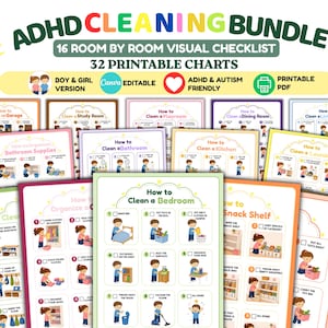 May include: An ADHD cleaning bundle featuring 32 printable charts and a 16 room by room visual checklist. The documents include colourful illustrations of children performing household tasks with numbered steps and checkboxes for organisation.