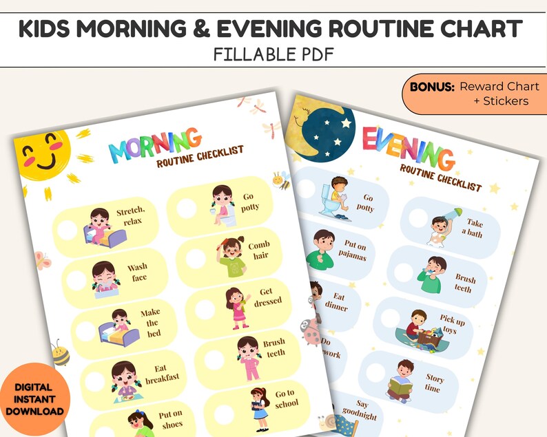 Kids Daily Chore Checklist Printable PDF, Rotine & Reward Chart, Kids ...