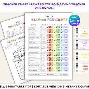 Peut inclure: Ensemble imprimable de tableaux de corvées et de coupons de récompense. Le tableau des allocations hebdomadaires présente un design coloré avec une liste de tâches et des cases à cocher. Comprend un suivi des économies et des coupons de récompense. Le texte dit "TRACKER CHART +REWARD COUPON+SAVING TRACKER ARE BONUS!"