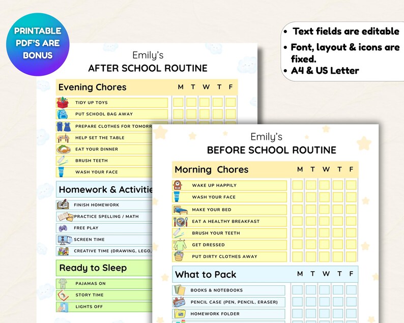 Editable Kids Routine Chart | Daily Checklist Printable (PDF) - Etsy