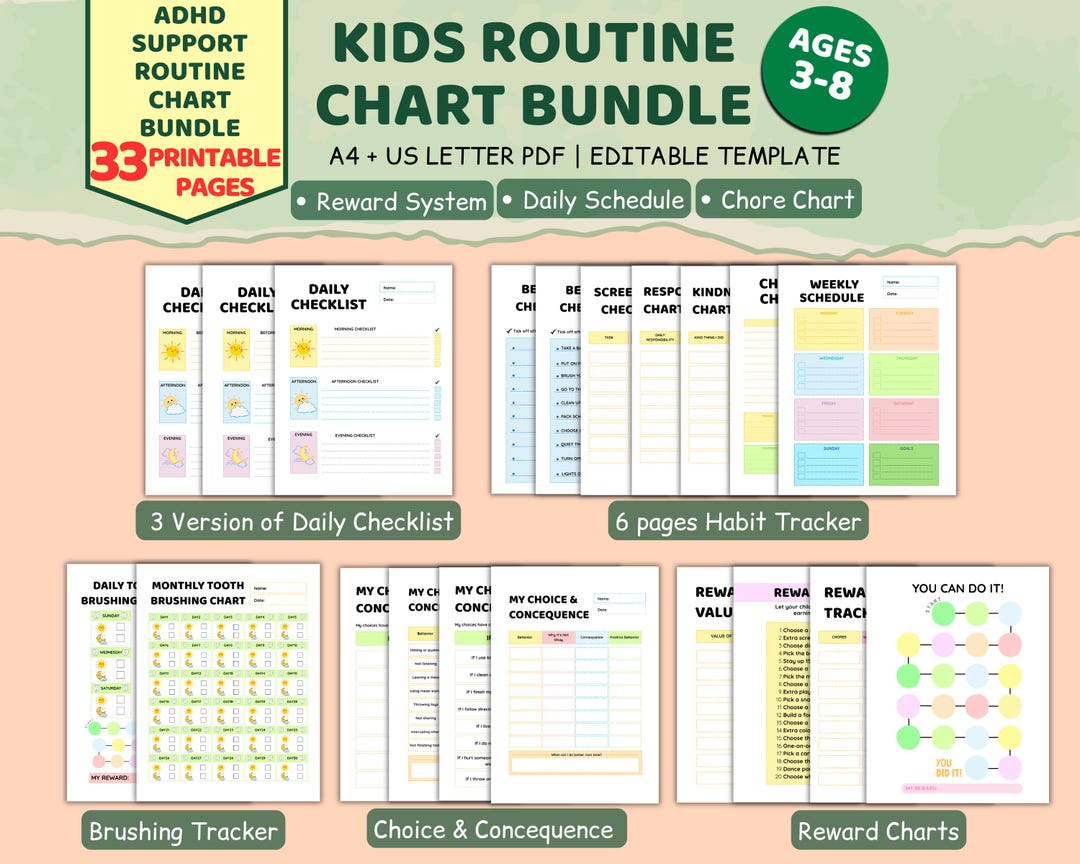 Kids Routine Chart Bundle Printable, Editable Canva, Chore Chart, Daily ...