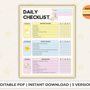 May include: A printable daily checklist with sections for morning, afternoon, and evening routines. The checklist includes tasks like brushing teeth, doing homework, and getting ready for bed. The design features colorful illustrations and the text "DAILY CHECKLIST".
