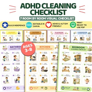 May include: An ADHD cleaning checklist set featuring seven room-by-room visual guides for ages 3-8. The documents include illustrations of children performing household tasks like laundry, kitchen, bathroom, and bedroom cleaning, with text labels.