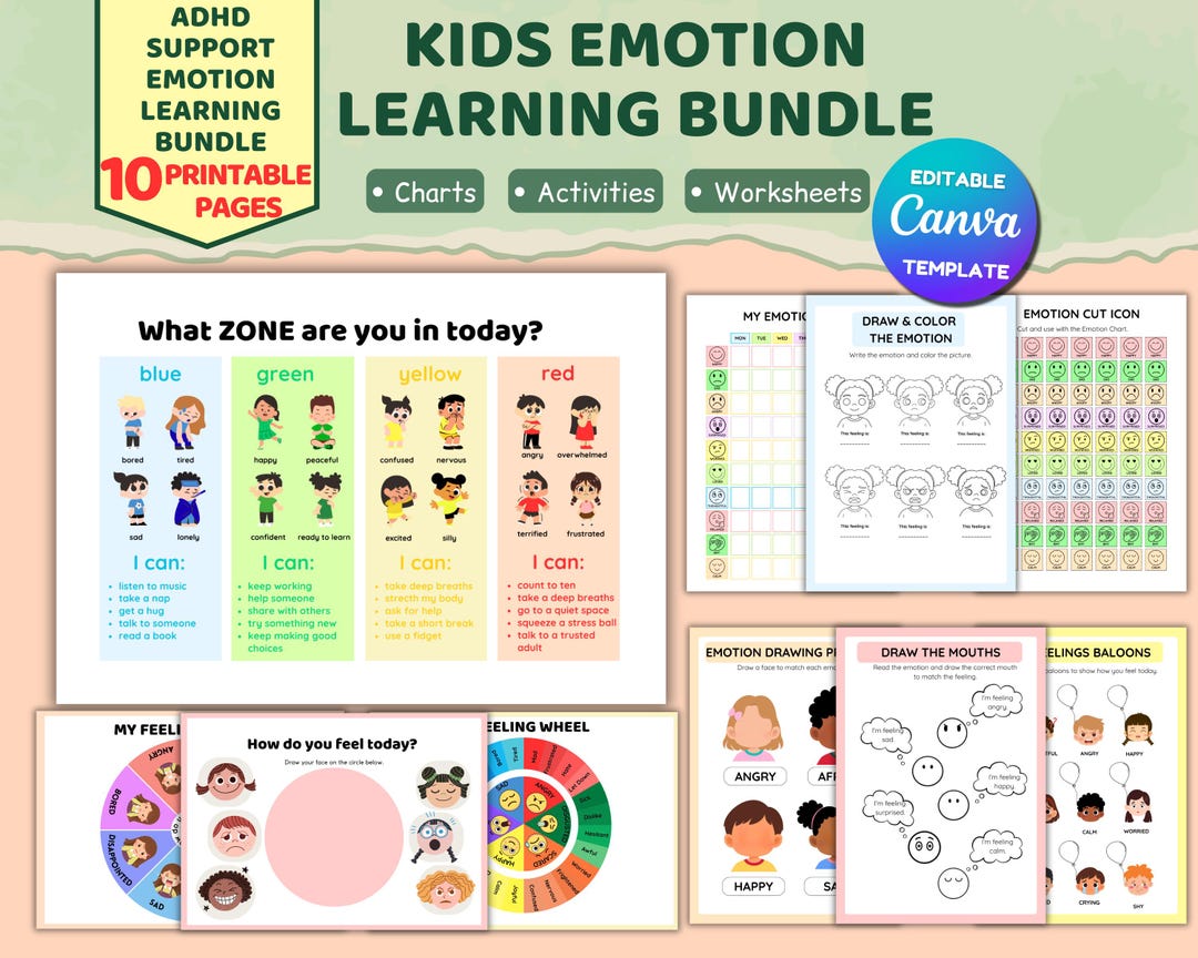 Emotion Chart for Kids Printable, Feelings Chart, Emotion Wheel, ADHD ...