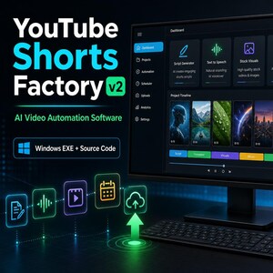 May include: A computer monitor displays the YouTube Shorts Factory v2 AI video automation software dashboard. The interface features icons for script generation, text to speech, stock visuals, and scheduling, alongside a project timeline and workflow.