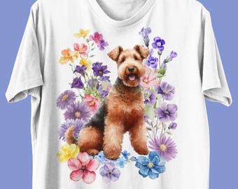 Camiseta unissex Airedale Terrier, camiseta floral para cachorro Airedale Terrier