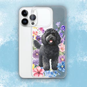 Blommigt svart klotterskal för iPhone, akvarell sött svart cockapoo iPhone-skal