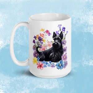 Scottie dog Mug, Cute Floral Scottish Terrier Ceramic White glossy mug