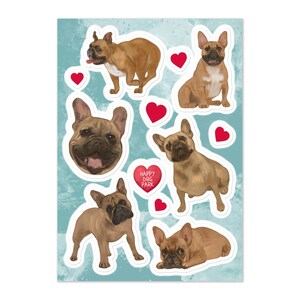 Handgezeichnetes französisches Bulldoggen-Aufkleberblatt, Frenchie-Hund-Aufkleber-Set, niedliches Aufkleberblatt