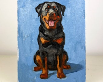 Original Rottweiler painting, Small Oil painting, Miniature painting, Dog painting