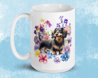 Wire-haired Dachshund Mug, Cute Floral Wire-haired Dachshund Ceramic White glossy mug