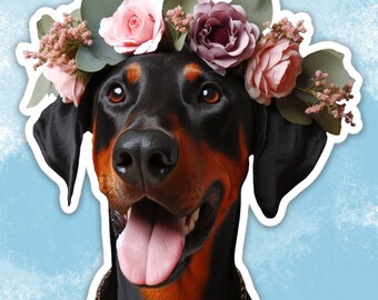 Doberman in flower crown Sticker, Doberman Sticker, Dog Water Bottle sticker, Laptop sticker