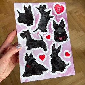 Handgezeichneter Scottish Terrier Aufkleberbogen, Scottie Dog Aufklebersatz, niedlicher Aufkleberbogen