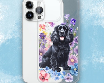 Floral Black Cocker Spaniel Clear Case for iPhone, Dog iPhone case
