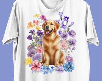 Camiseta unisex Golden Retriever, camiseta floral para perro Golden Retriever