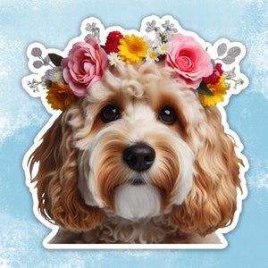 Sticker couronne de fleurs griffonnage, Sticker cockapoo, Sticker bouteille d'eau chien, Sticker ordinateur portable