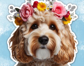 Doodle in flower crown Sticker, Cockapoo Sticker, Dog Water Bottle sticker, Laptop sticker