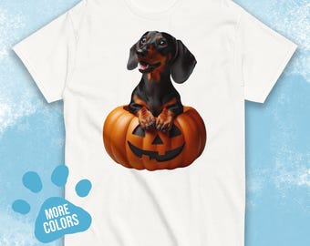 Koszulka unisex Halloween Dachshund, Black Tan Dachshund w koszulce z dynią