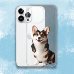 May include: A clear phone case with a printed image of a corgi dog sitting and looking at the camera. The dog is brown, black, and white.