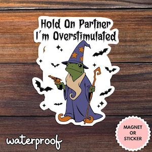 Hold On Partner I&#39;m Overstimulated Aufkleber Halloween Frosch Aufkleber, lustiges anti-soziales Meme, süßer Frosch, Laptop, Wasserflasche, Planer, Kindle