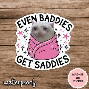 Even Baddies Get Saddies Sticker, Funny Meme Cat Stickers, Waterproof Stickers, Water Bottle Stickers, Kindle Stickers, Laptop Stickers,