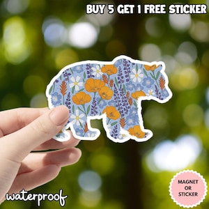 Bear California Sticker, Floral Bear Vinyl Decal, Waterproof Nature Sticker for Laptop, Car, Water Bottle, Magnet or Sticker Gift