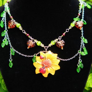Handmade Sunflower beaded necklace with ladybugs