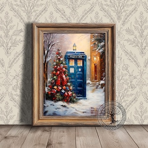 Christmas Tree and Tardis Print, Doctor Who Painting, Printable Digital Decor