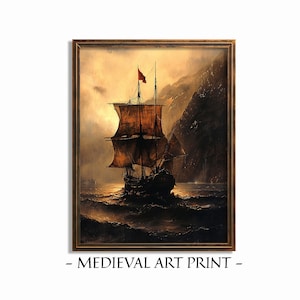 Pirate Ship Print, Printable Ship Painting, Dark Stormy Sea, Medieval Digital Wall Art, Instant Download