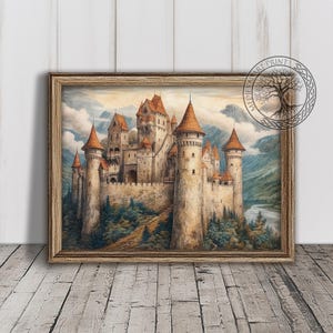 Medieval Castle Print, Middle Age Tower Painting, Printable Wall Art, Instant Download