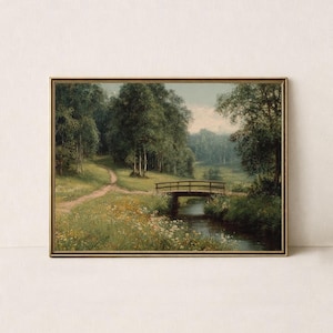 Forest Stream Bridge Landscape Print, Vintage Wall Art Printable, Digital Download