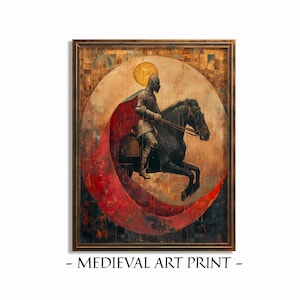Medieval Knight on Horse Print, Middle Age Castle Painting, Printable Digital Art, Instant Download