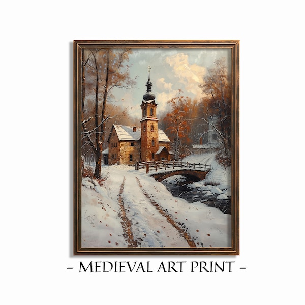 Winter Gothic Church Print, Medieval Old Church Painting, Chapel Printable Wall Art, Instant Download